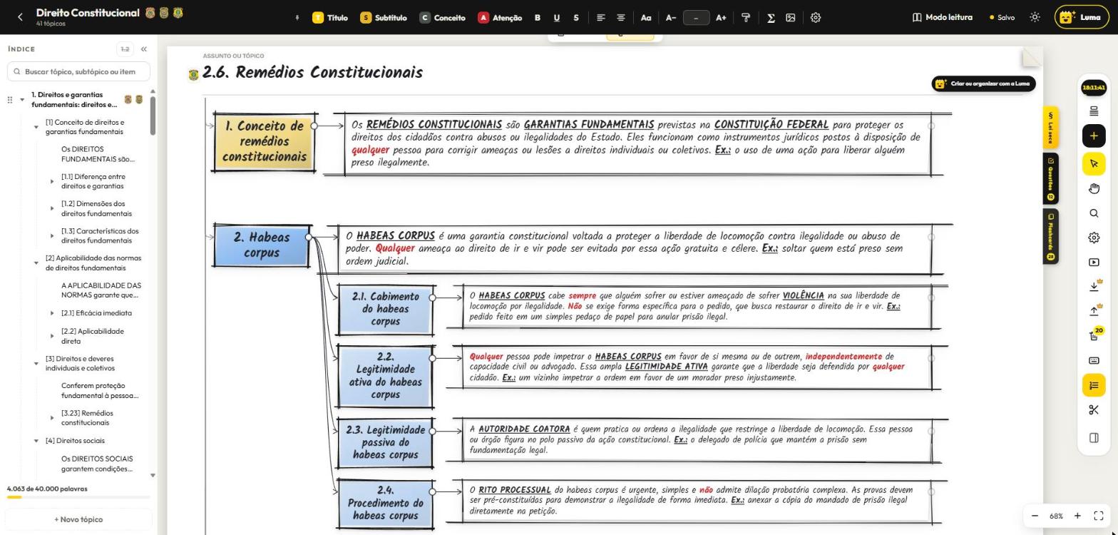 Resumo real no Meu Caderno Digital: Remédios Constitucionais, com o índice do caderno, as caixas ligadas e a barra de ferramentas