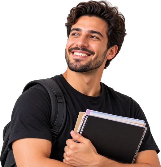 Estudante de concurso sorrindo com cadernos