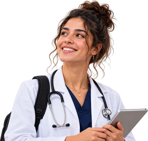 Estudante de Medicina de jaleco e estetoscópio